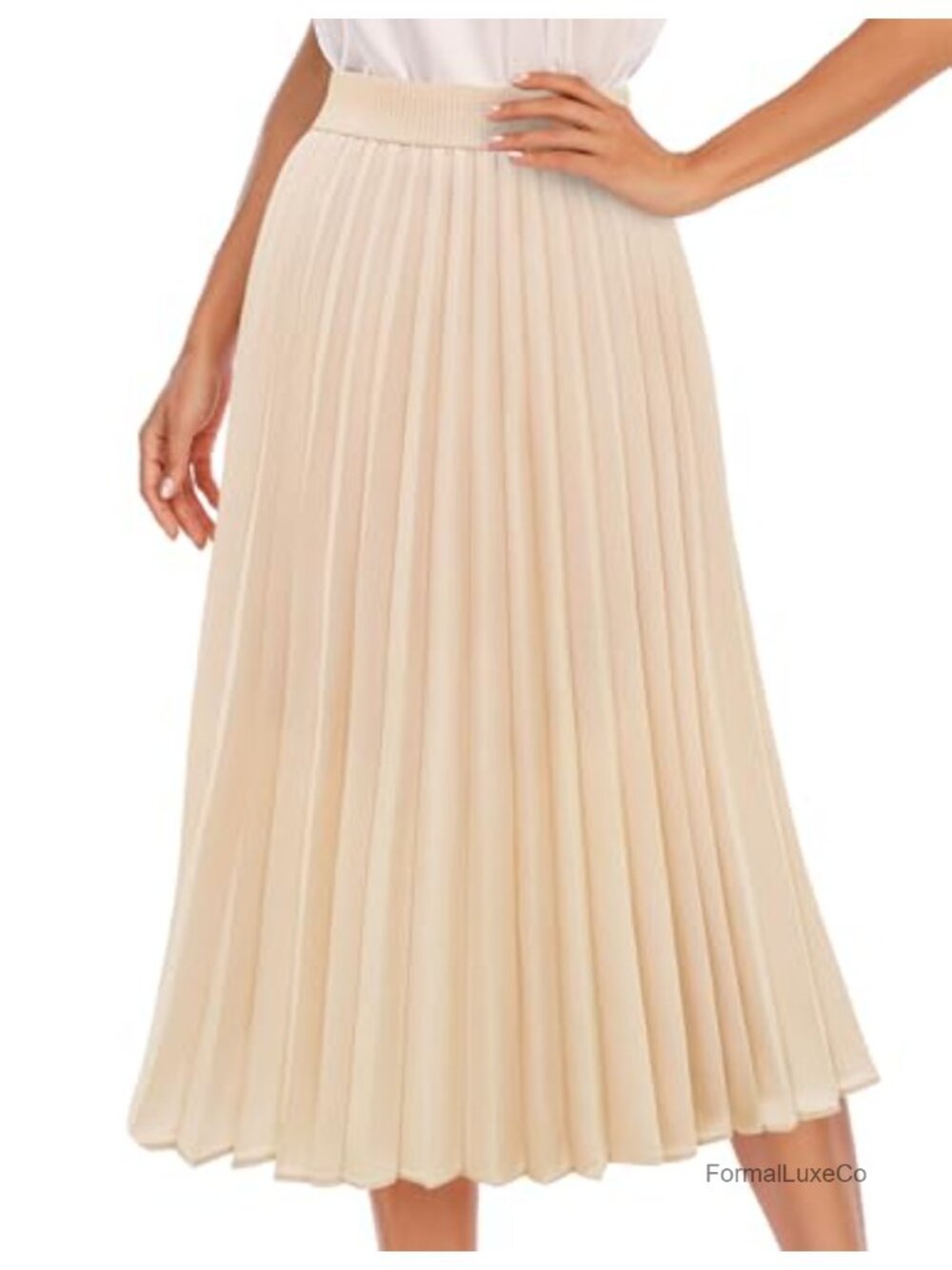 Pleated Midi Skirt High Waisted A-Line Chiffon Flowy Lined